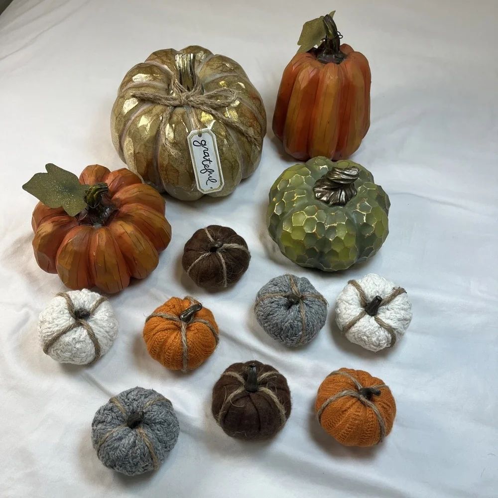 Wooden‎ Rustic Pumpkin Decorative Fall Pieces Set Of 5 Small Cloth Lot Of 8